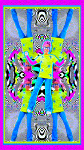a woman in a yellow shirt is surrounded by a kaleidoscope of images