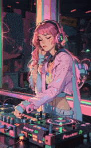 a girl is wearing headphones and playing music on a dj mixer .