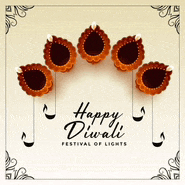 a happy diwali festival of lights greeting card with oil lamps hanging from strings .