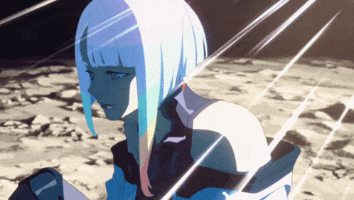 a drawing of a girl with white hair and a blue shirt