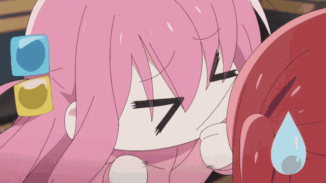 a girl with pink hair has a sticker on her hair that says cat