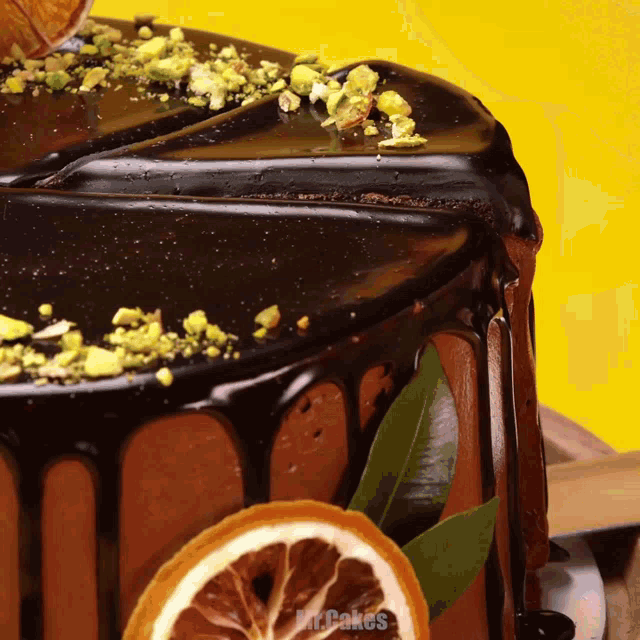 a close up of a chocolate cake with pistachios and orange slices with the words mr. cakes on the bottom
