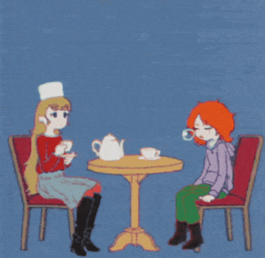 a cartoon of two girls sitting at a table