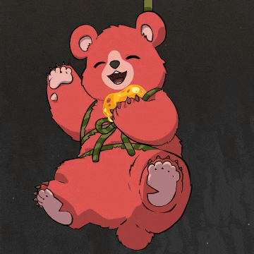 a cartoon drawing of a red teddy bear with a yellow flower in its mouth