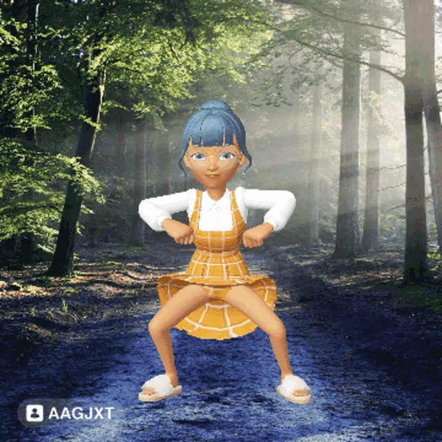 a girl in a plaid skirt is dancing in the woods with the aagjxt logo in the corner