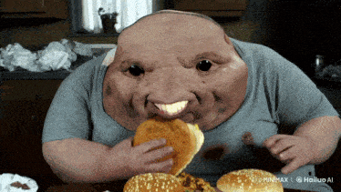 a man with a huge face is eating a hamburger with the watermark minimax