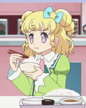 a girl with blonde hair and purple eyes is holding a bowl of food with chopsticks