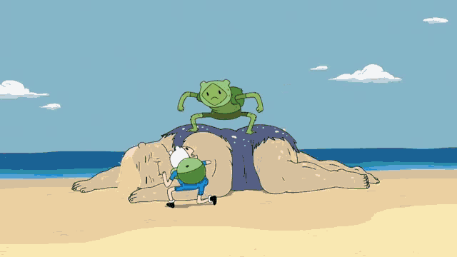 a cartoon character laying on the beach with a lizard on top of him