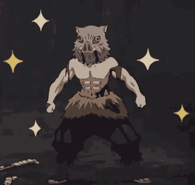 a cartoon character with a pig 's head is standing in the dark surrounded by stars