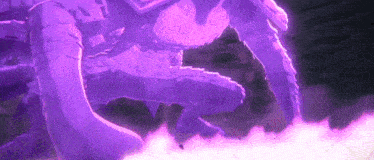 a close up of a purple dragon with a purple light coming out of it 's mouth .
