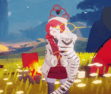 a girl is holding a tiger in her arms in a field in a video game .