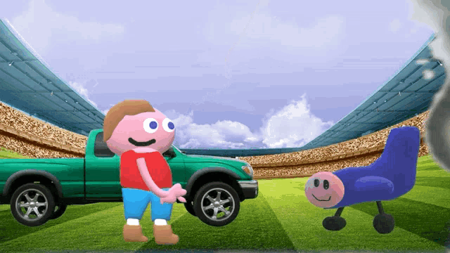 a green truck is parked in front of a stadium