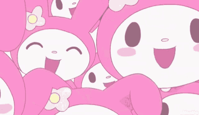 a close up of a pink and white cartoon character with big eyes and a flower on her head .