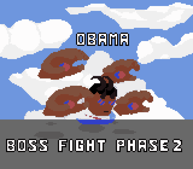 a pixel art of obama fighting a monster with the words boss fight phase 2