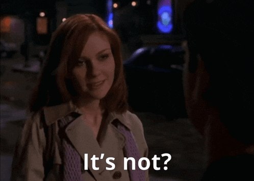 a woman talking to a man with the words it 's not
