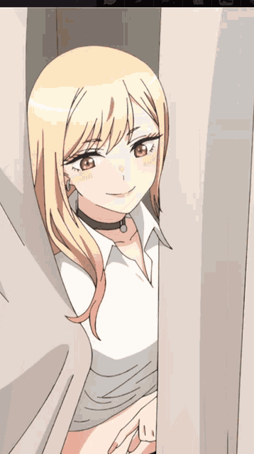 a girl with blonde hair and red eyes is peeking out from behind a curtain