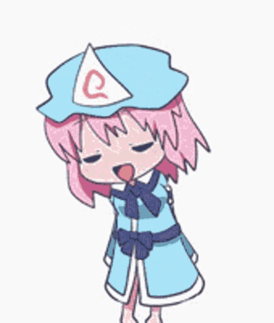 a cartoon of a girl with pink hair and a blue hat