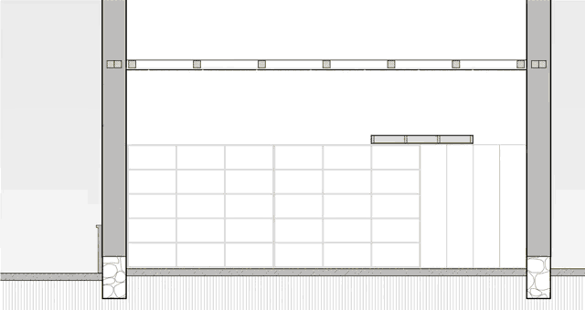 a drawing of a room with a sliding door and shelves