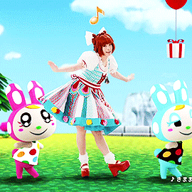 a girl in a dress is dancing with two stuffed animals in a field