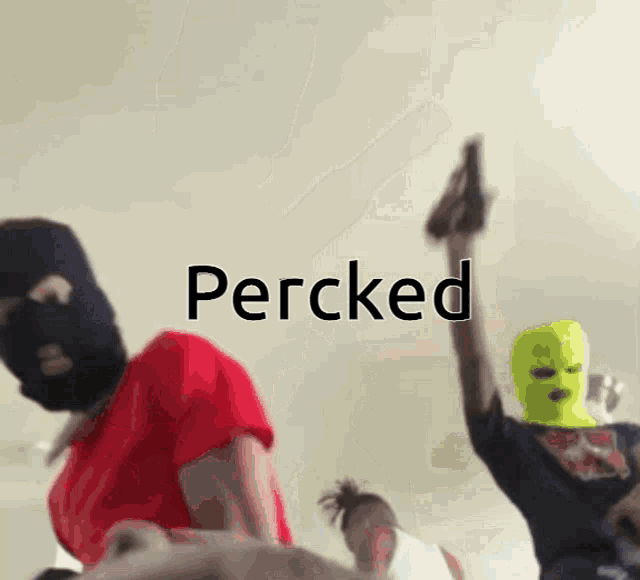 a group of people wearing ski masks with the word percked in the corner