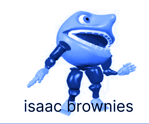a blue pac man with arms and legs and the words isaac brownies below it