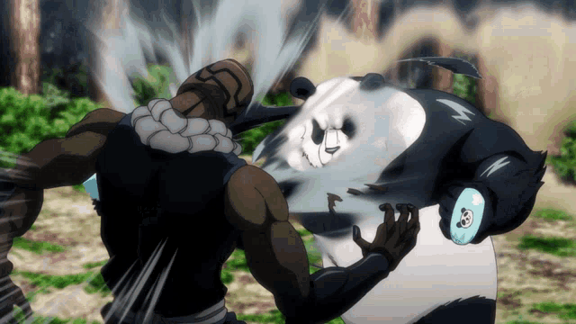 a panda bear is being punched by a man in a cartoon