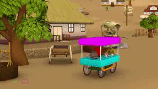 a cartoon character is driving a cart with a purple canopy