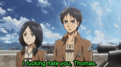 a man and a woman are standing next to each other with the words i fucking hate you thomas