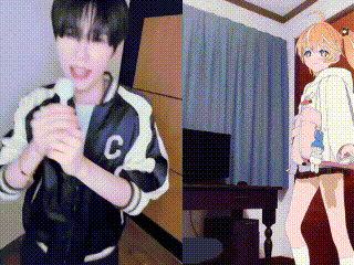 a man is holding a microphone next to a picture of a girl holding a microphone in a room .