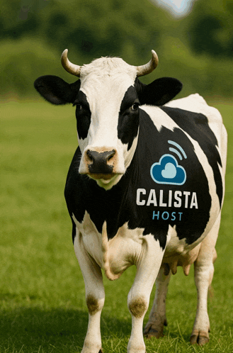 a black and white cow with a calista host logo on it