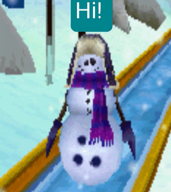 a snowman wearing a purple scarf and hat says hi on a sign
