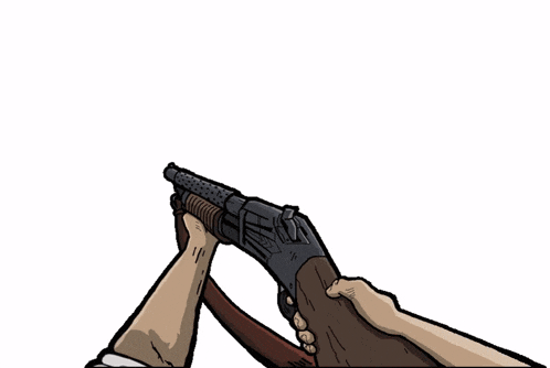 a cartoon of a man holding a shotgun with flames coming out of it