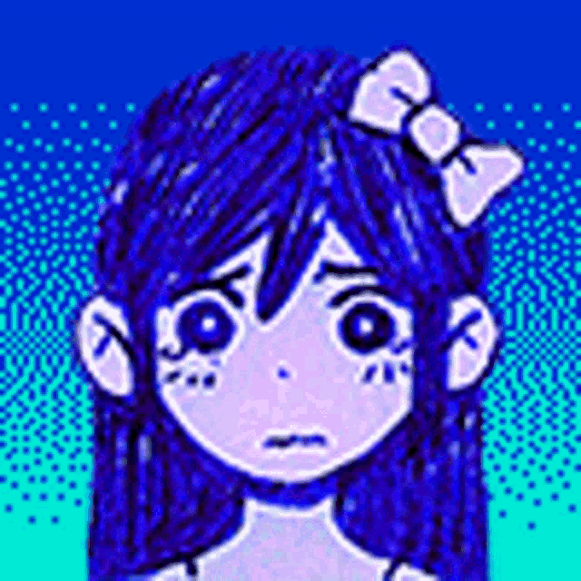 a girl with blue hair and a bow in her hair is looking at the camera .