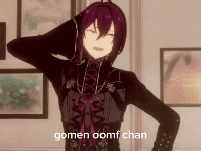 a cartoon character with purple hair is standing in front of a wall with a caption that says gomen oomf chan