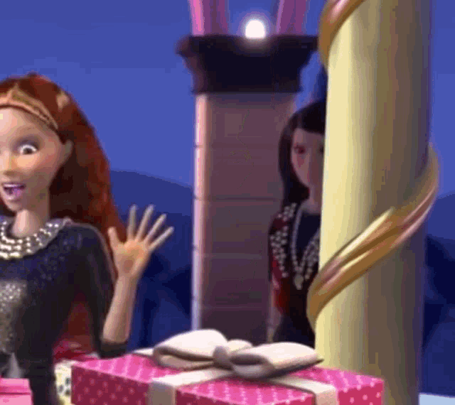 a barbie doll is standing next to a pillar with a book on it .
