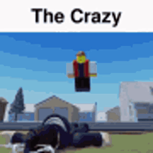 a cartoon character is flying through the air with the words `` the crazy '' written above him .