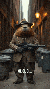 a lion in a suit and hat is holding a gun and says " oi oi oi "