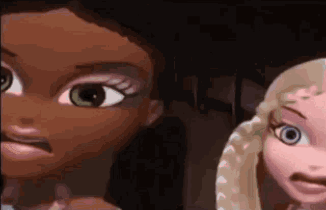 two cartoon dolls are looking at each other with their eyes closed