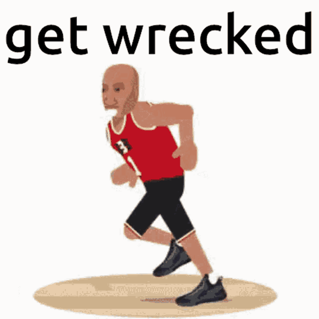 a cartoon of a man laying on the ground with a basketball on his head and the words get wrecked below him