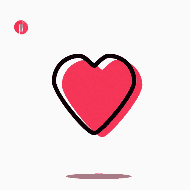 a red heart with a black outline and a yellow and blue circle in the background