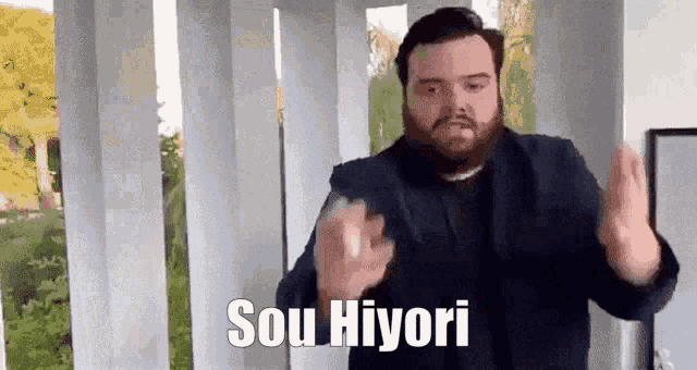 a man with a beard is standing in front of columns and says sou hiyori