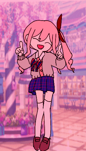 a drawing of a girl with pink hair and a plaid skirt giving a thumbs up