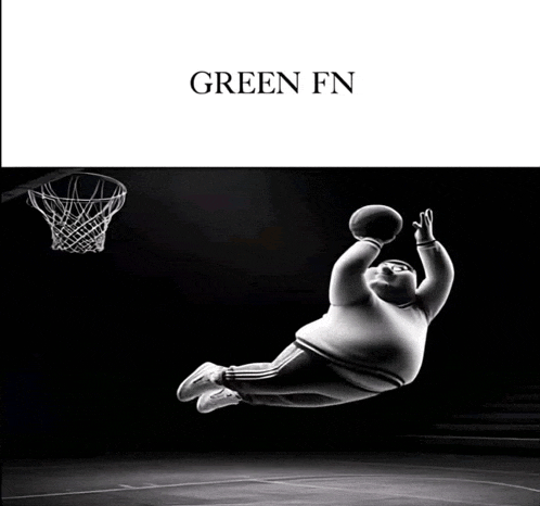 a black and white photo of a man jumping in the air with a basketball and the words green fn on the bottom