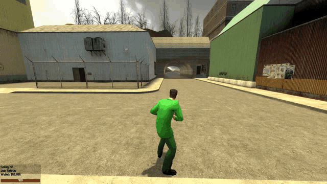 a man in a green suit is walking down a street in a video game