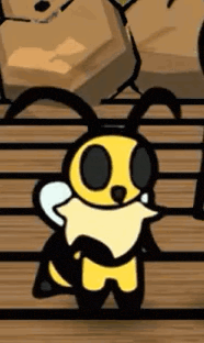 a cartoon of a bee standing on a wooden bench .
