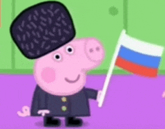 a cartoon pig wearing a hat and holding a russian flag