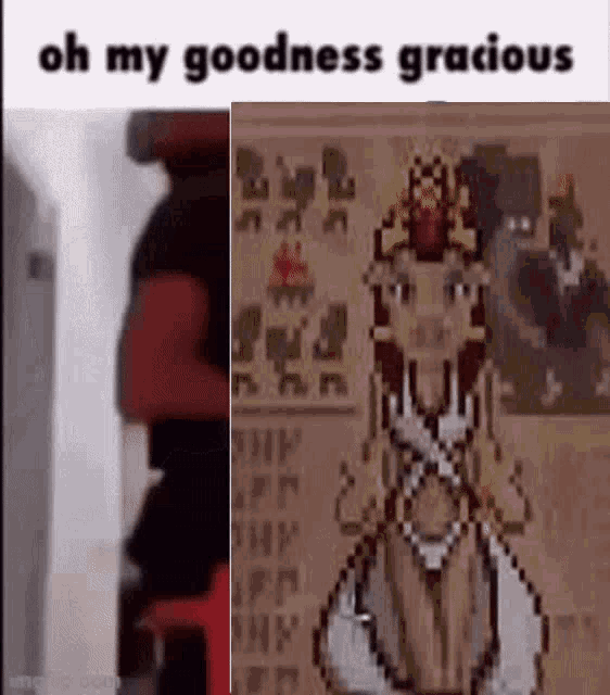 a screenshot of a video game character and a pixel art of a person .