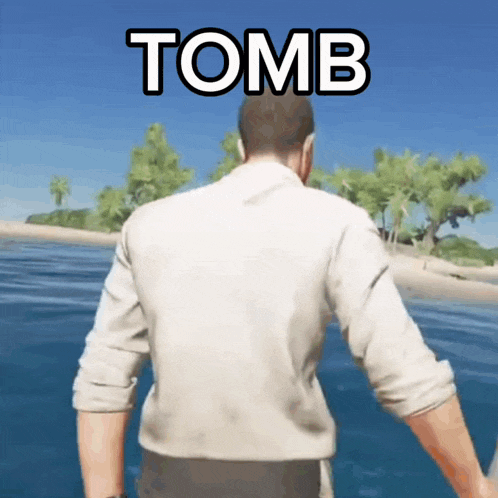 a man in a white shirt is standing in the water and the word tomb is above him