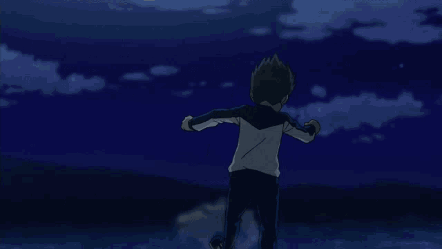 a cartoon character stands with his arms outstretched in the dark
