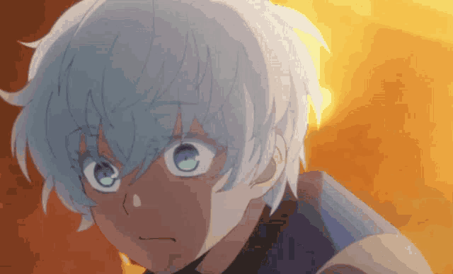 a close up of a person with blue eyes and white hair